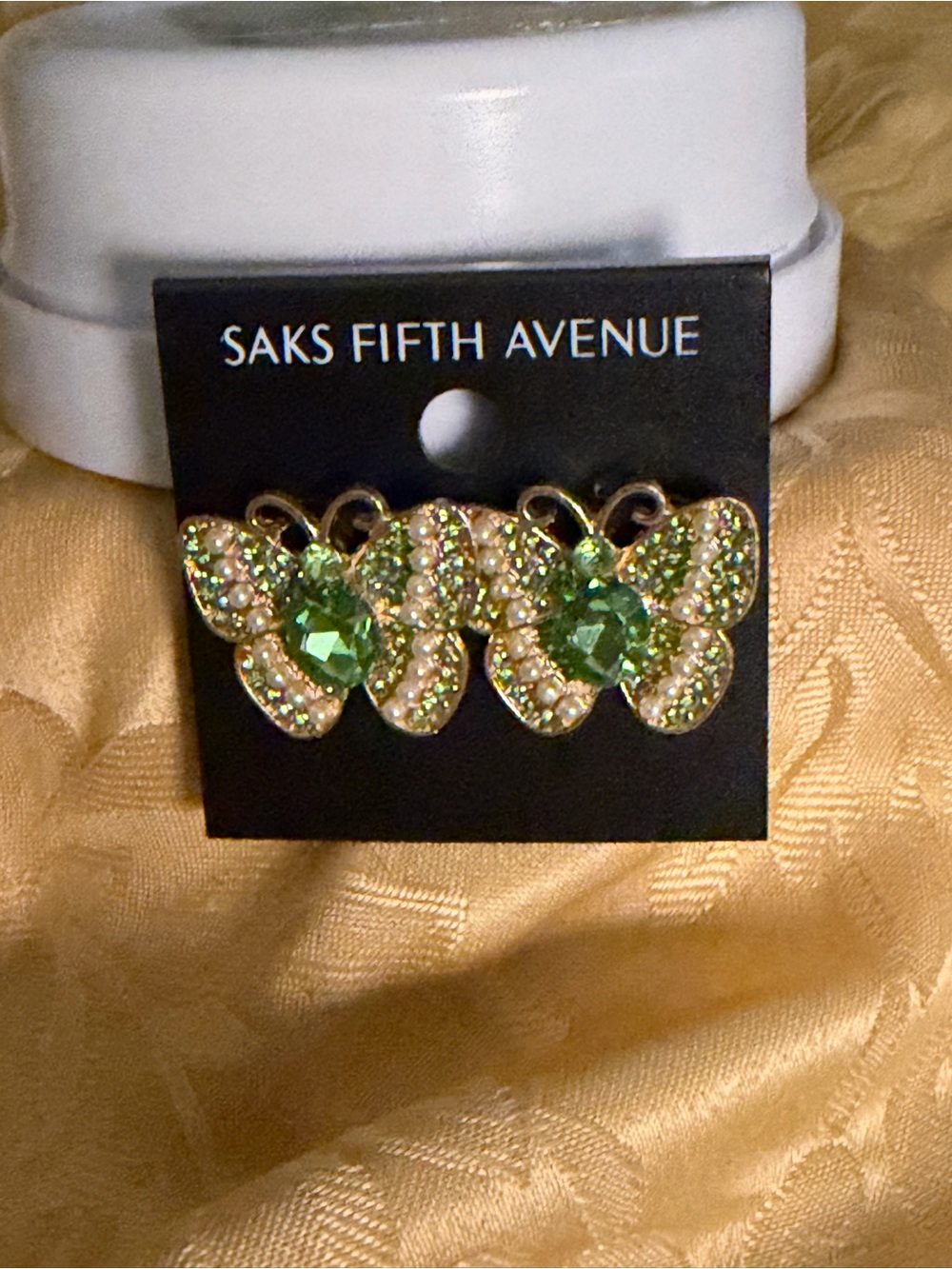 Saks Fifth Avenue Golden Butterfly Earrings with Green Crystals